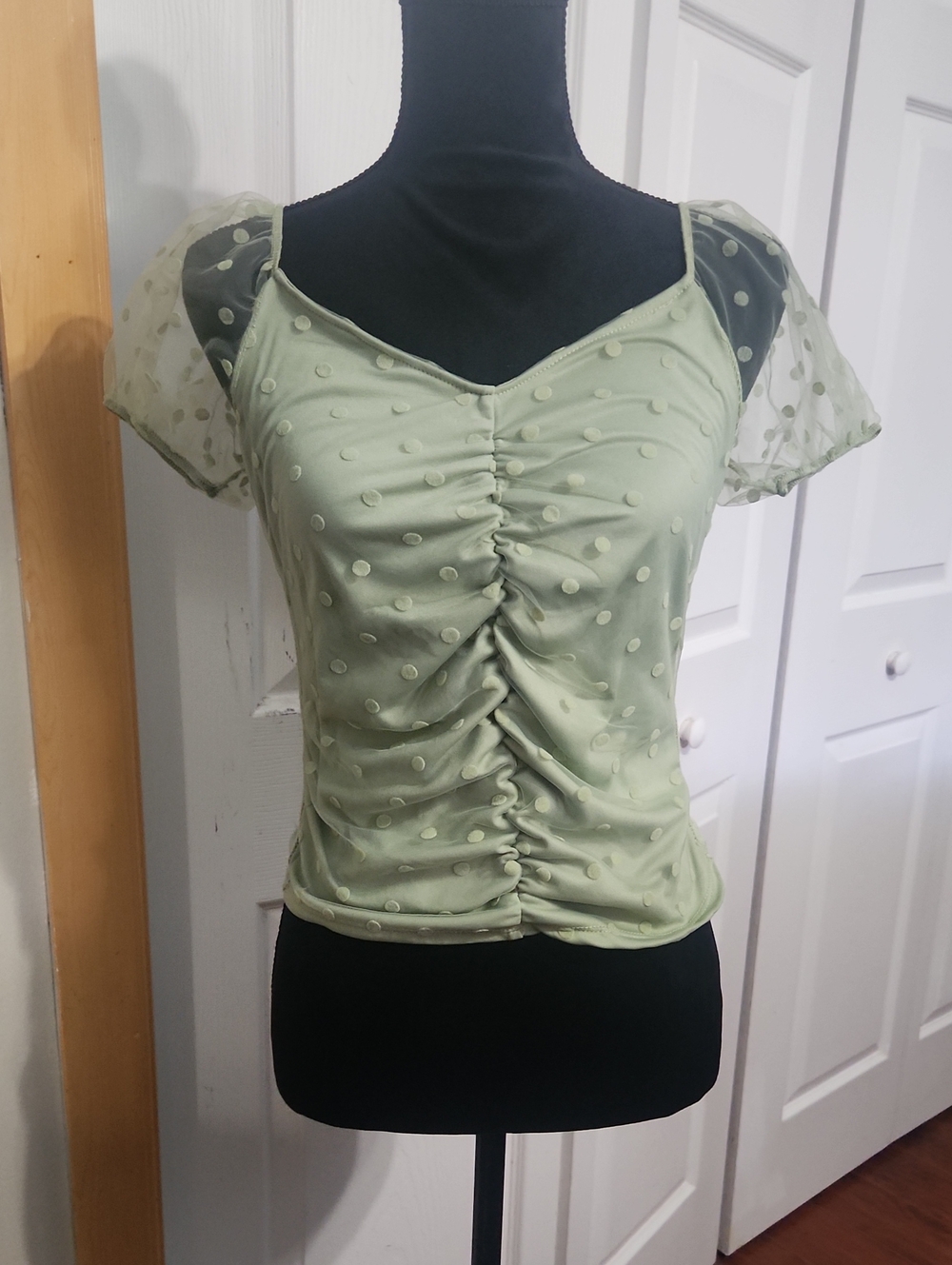 Ambiance Sage Green Polka Dot Ruched Top